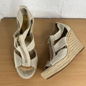 Michael Kors Women's Beige Cream Canvas Jute Wedge Gold Zipper Sandals Size 9M